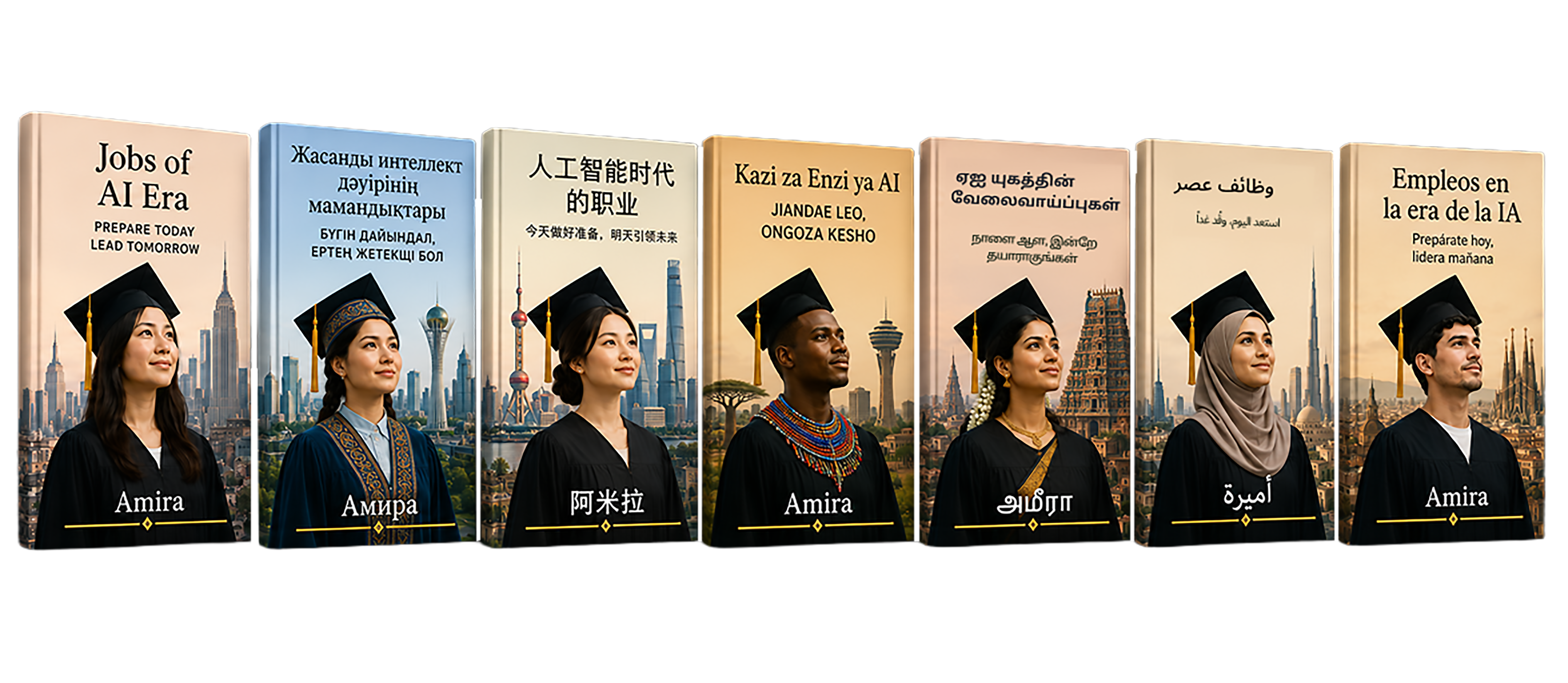 Jobs of the AI Era book editions in English, Kazakh, Chinese, Swahili, Tamil, Arabic, and Spanish