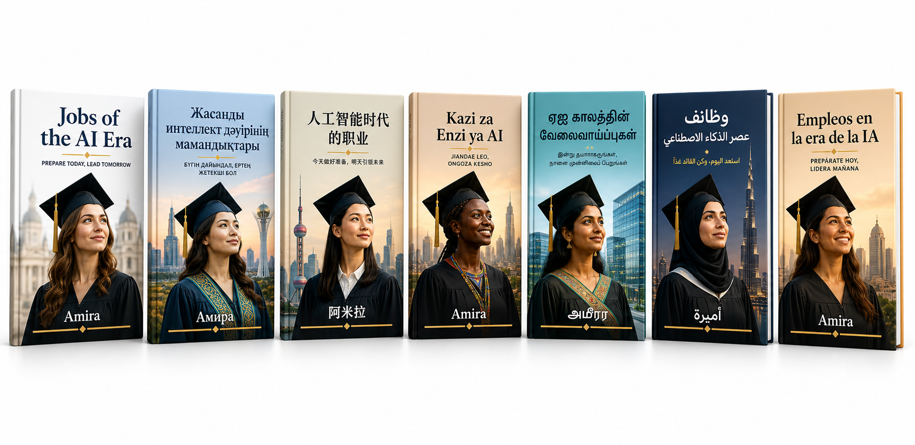 Jobs of the AI Era book editions in English, Kazakh, Chinese, Swahili, Tamil, Arabic, and Spanish