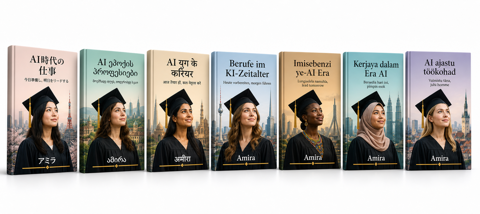 Jobs of the AI Era book editions in Japanese, Georgian, Hindi, German, Zulu, Malay, and Estonian