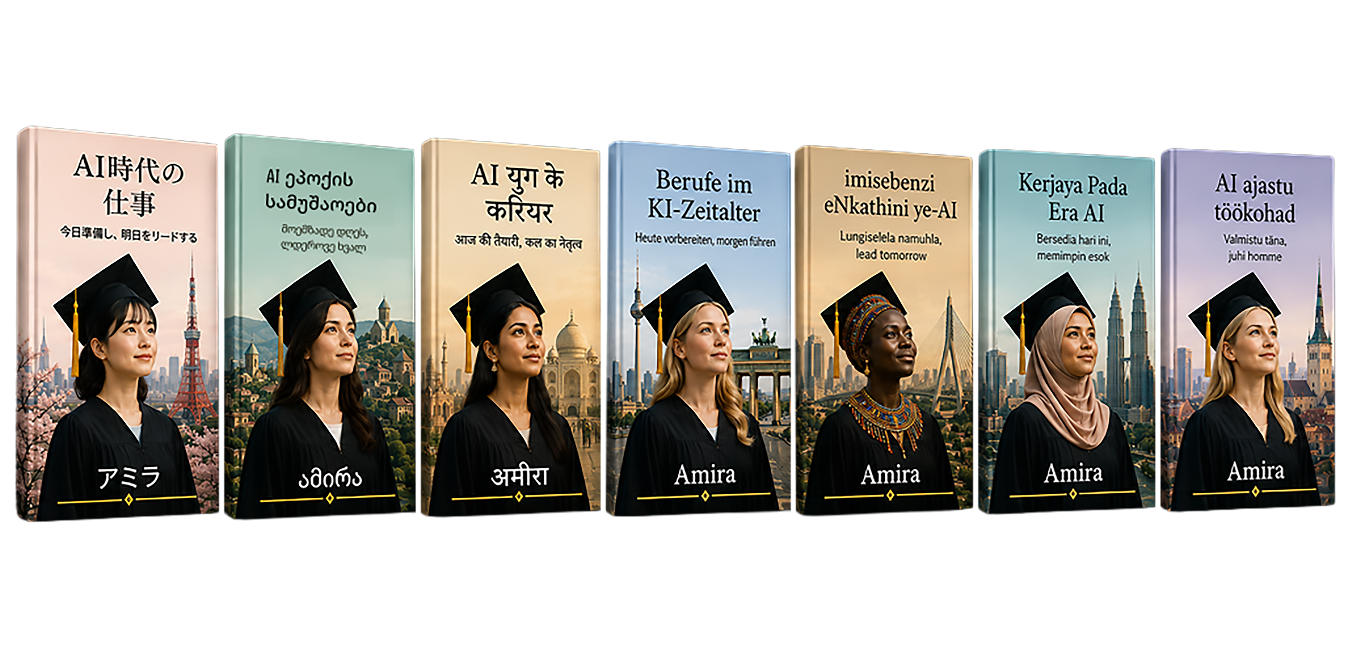 Jobs of the AI Era book editions in Japanese, Georgian, Hindi, German, Zulu, Malay, and Estonian